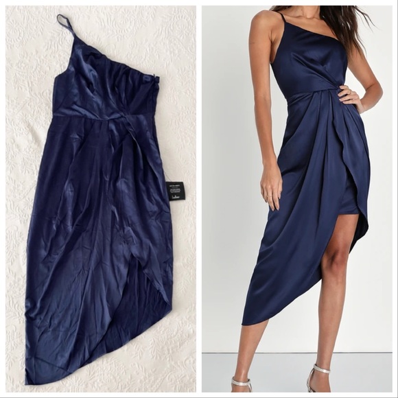 NWT Lulus Law of Attraction Navy Blue One-Shoulder Asymmetrical Midi Dress Large - Picture 1 of 8